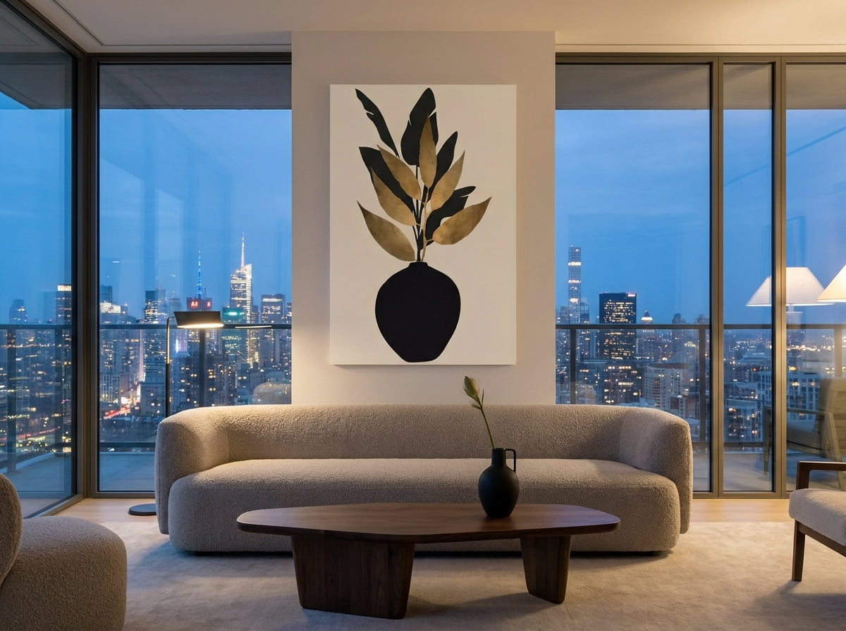 Black and gold botanical fine art print by Vyloire displayed unframed in a luxury highrise apartment with panoramic city views