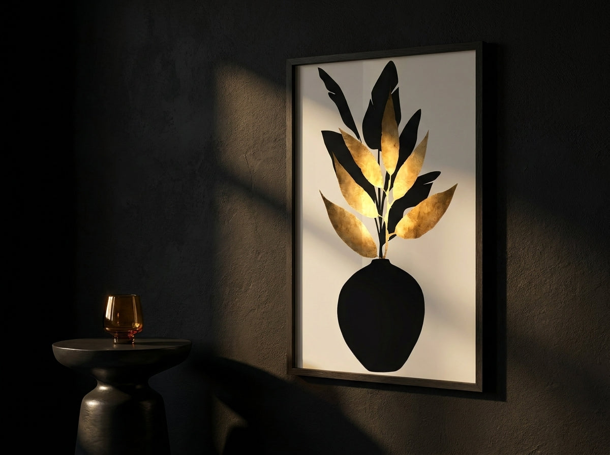 Moody editorial display of Vyloire's Black & Gold Botanical Vase print in Black Premium Oak frame against a deep charcoal accent wall