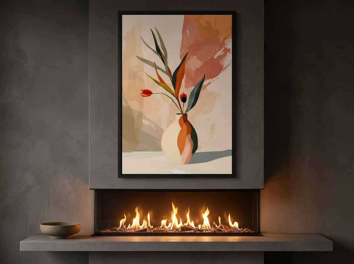 Abstract botanical vase wall art in terracotta and sage, Black Premium Oak frame, displayed above a fireplace in a moody living room — Vyloire