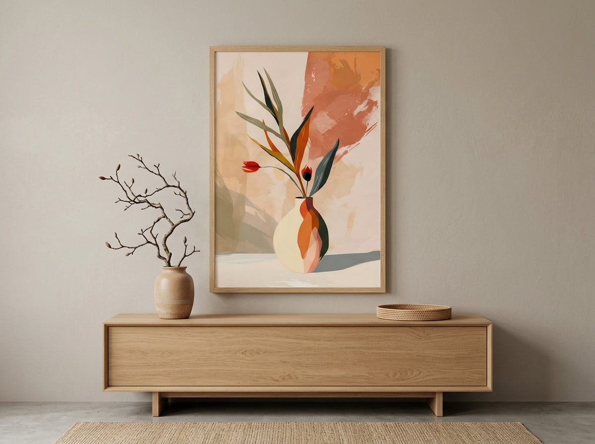 Abstract botanical vase fine art print in terracotta and sage, Natural Oak frame, on a Japandi living room wall above a sideboard — Vyloire
