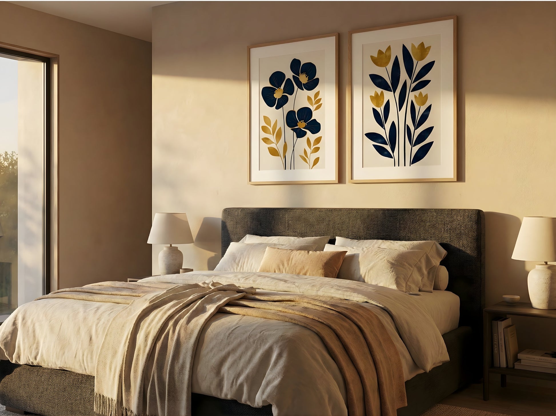 Navy and mustard botanical fine art prints set of 2 in oak frames over a headboard in a calm neutral bedroom by VYLOIRE
