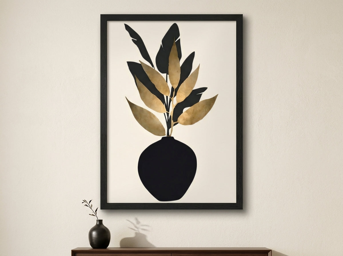 Vyloire botanical vase wall art in Black Premium Oak frame displayed above a modern sideboard on a cream wall — neutral luxury interior