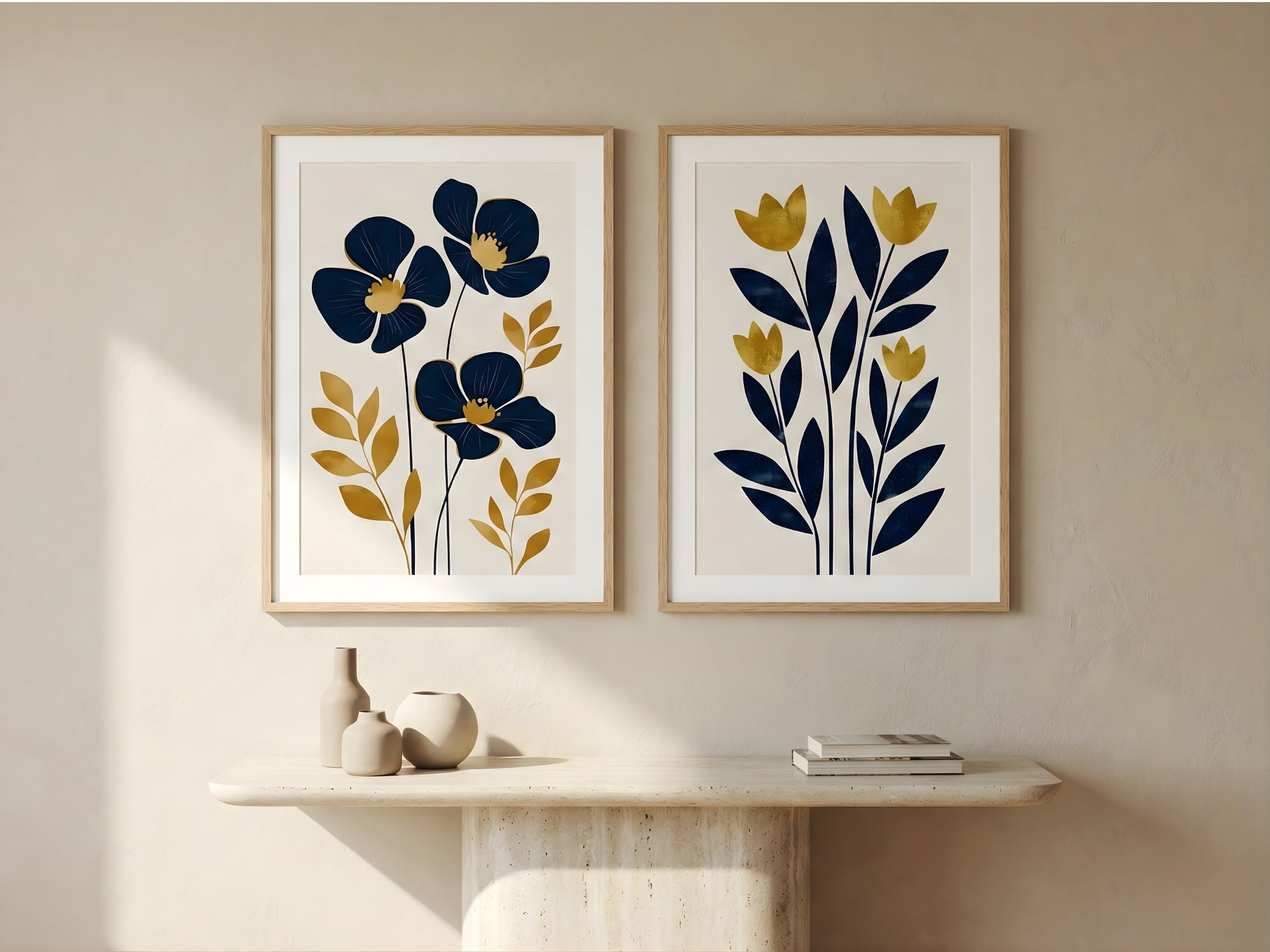 Neutral navy and gold botanical wall art set of 2 styled above a modern console table with ceramic vases by VYLOIRE