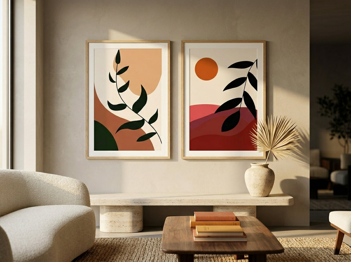 Boho botanical and abstract sun wall art set of 2 in terracotta and olive green, oak frames, in a sunlit neutral living room by VYLOIRE
