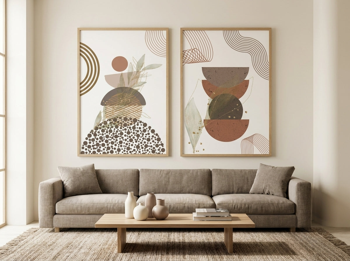 Neutral abstract botanical wall art set of 2 in terracotta, rust and olive, natural oak frames, above a linen sofa in a warm living room by VYLOIRE