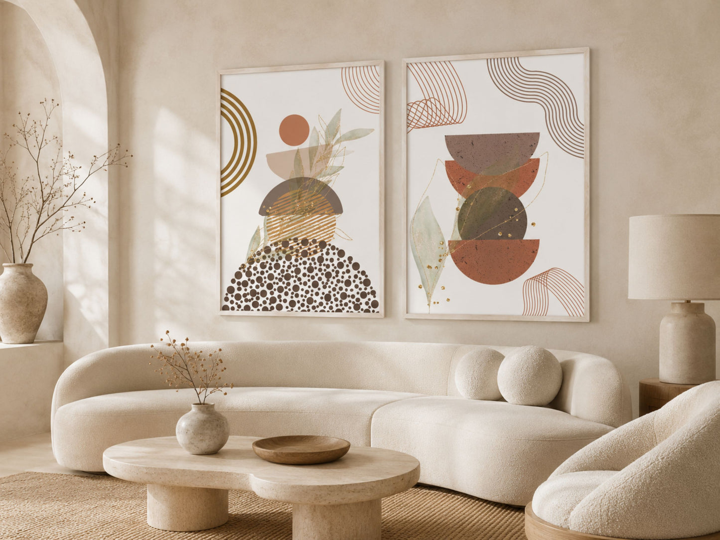 Abstract botanical wall art set of 2 in white frames, terracotta, sage and gold, in a sunlit organic living room by VYLOIRE.