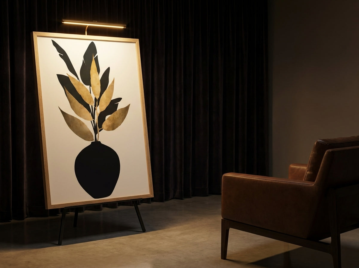 Vyloire Black & Gold Botanical Vase fine art print in Natural Premium Oak frame displayed on a gallery easel with velvet draping