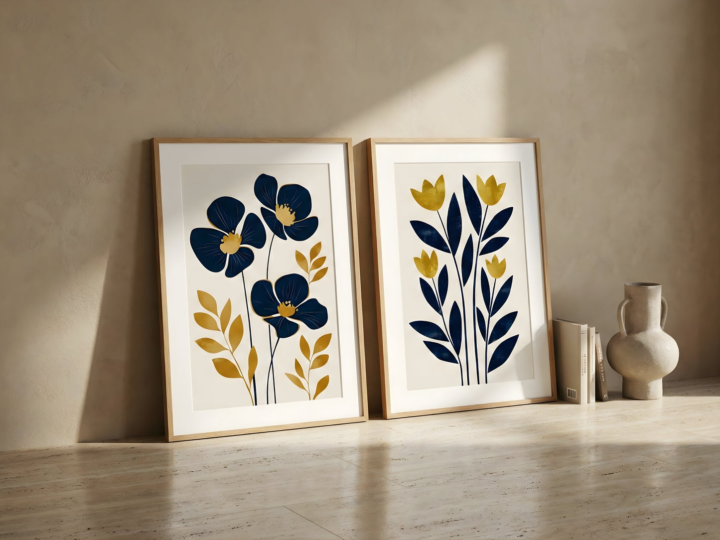 Close-up of oak-framed navy and mustard botanical prints set of 2, ready to hang, showing the premium frame detail by VYLOIRE