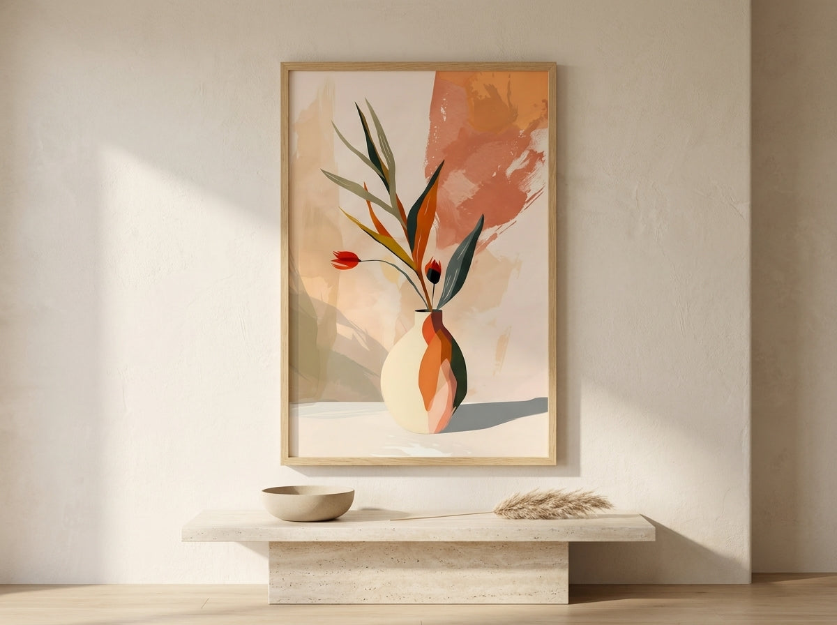 Abstract botanical vase wall art print in terracotta and sage, natural premium oak frame, on a limewash plaster wall by VYLOIRE