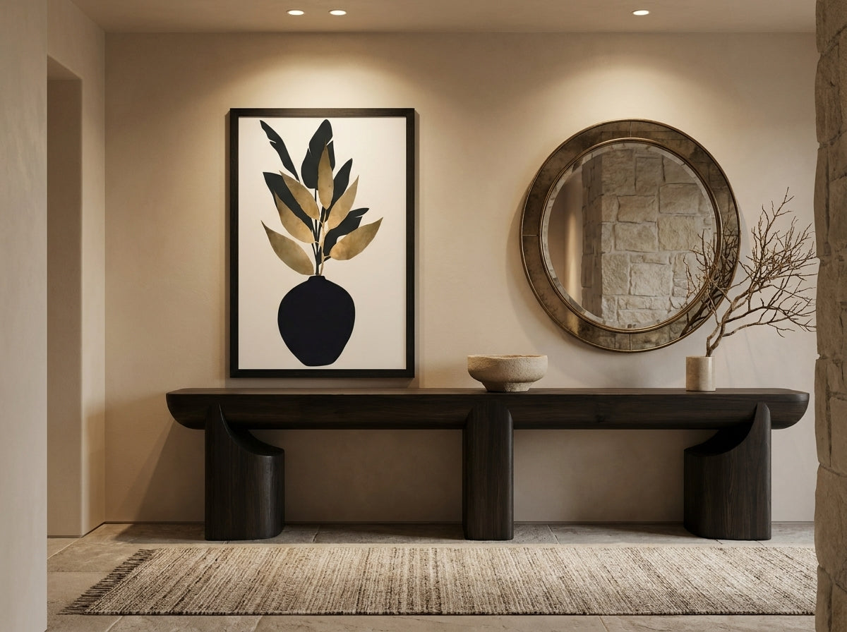 Black and gold botanical vase art print in Black Premium Oak frame displayed in a styled organic entryway with console table and mirror — Vyloire