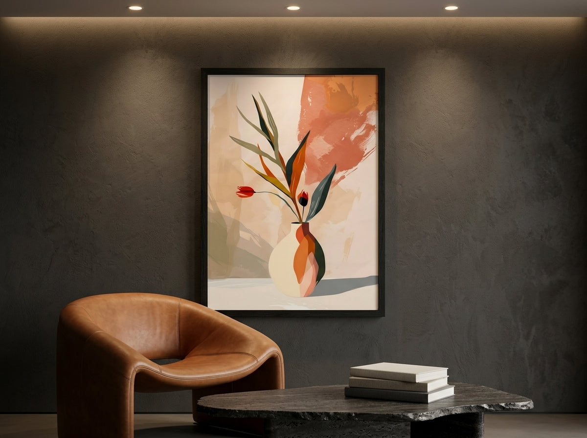 Premium abstract botanical vase art print in terracotta and sage, Black Premium Oak frame, in a boutique hotel interior — Vyloire