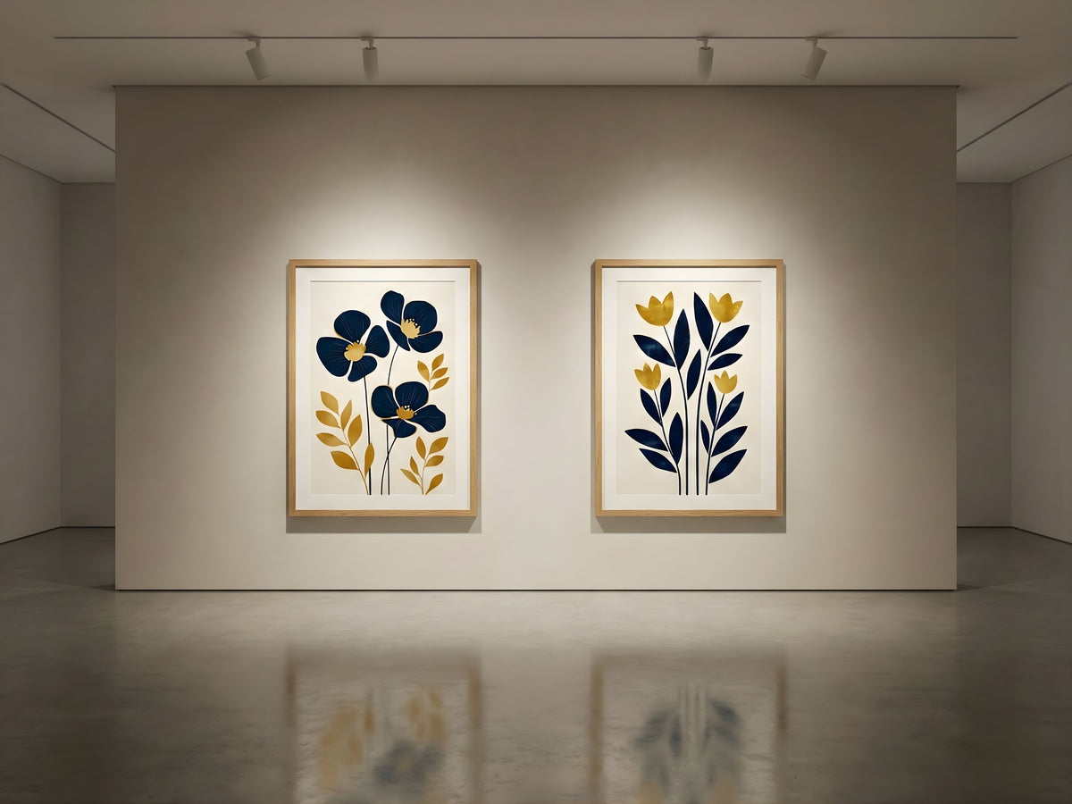 Premium navy blue and gold botanical fine art prints set of 2 spotlit in a modern gallery with oak frames by VYLOIRE