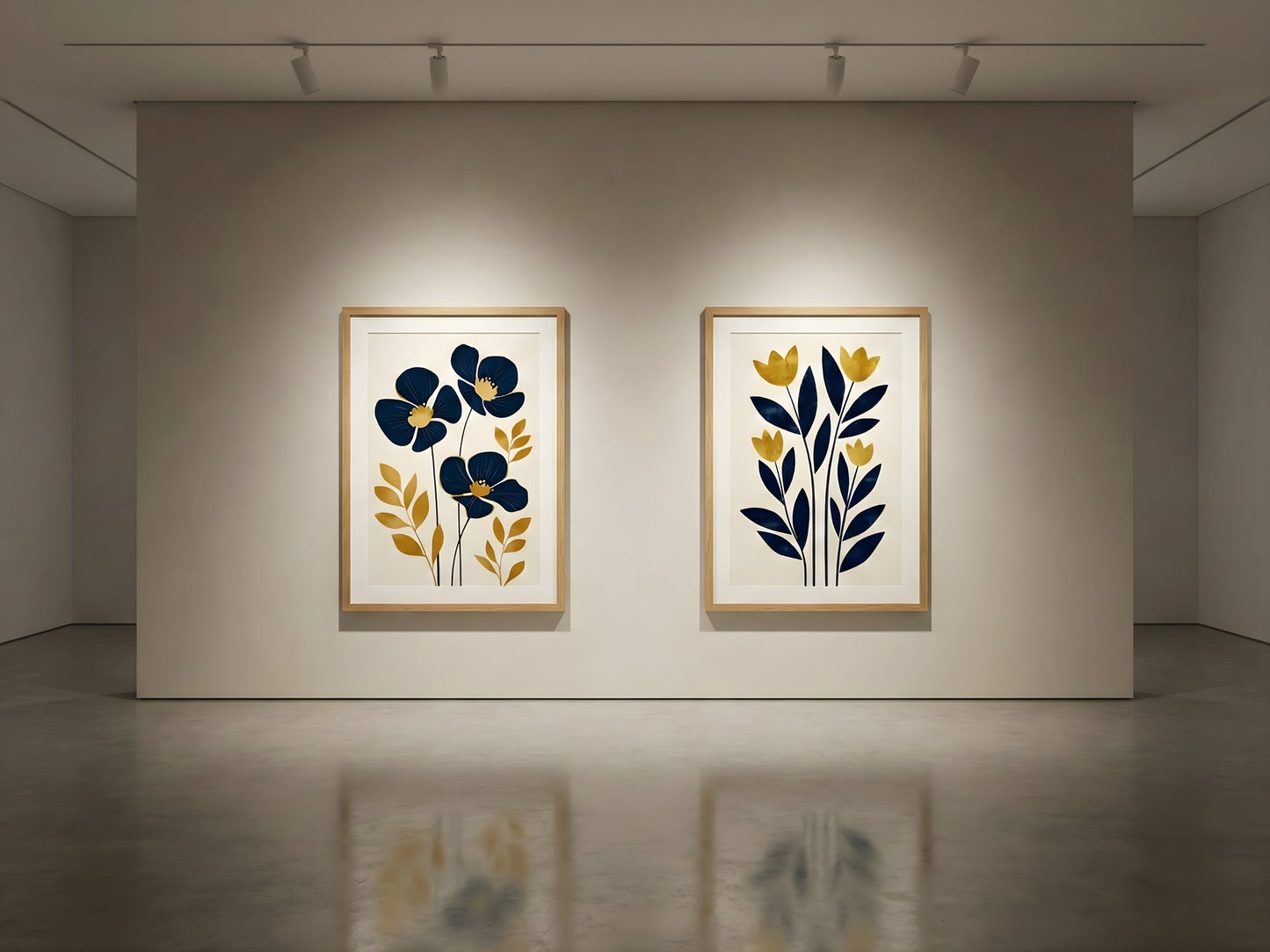 Premium navy blue and gold botanical fine art prints set of 2 spotlit in a modern gallery with oak frames by VYLOIRE