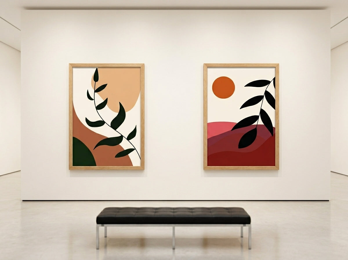 Boho botanical and abstract sun wall art set of 2 in terracotta and burnt orange, oak frames, on a modern art gallery wall by VYLOIRE