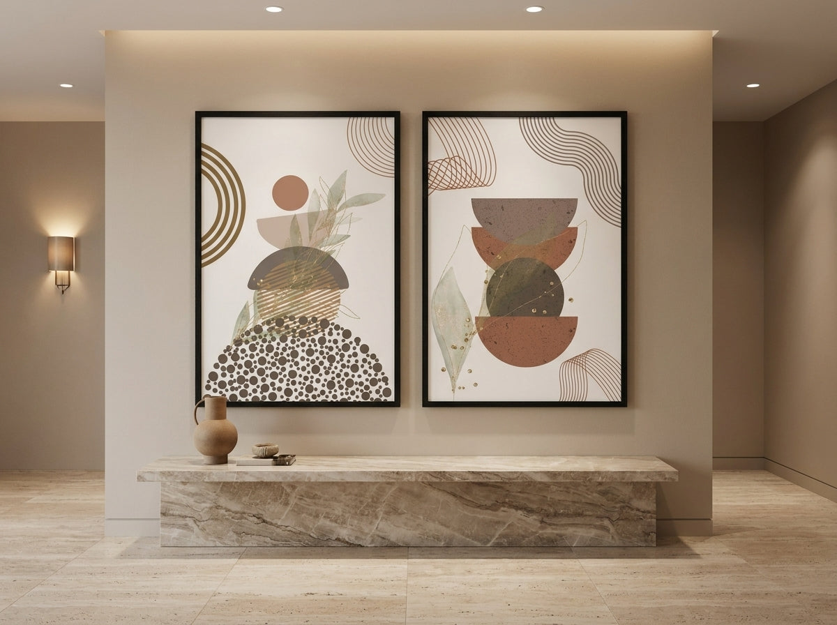 Premium abstract botanical set of 2 in black frames above a marble console in a softly lit hallway, terracotta sage and gold by VYLOIRE.