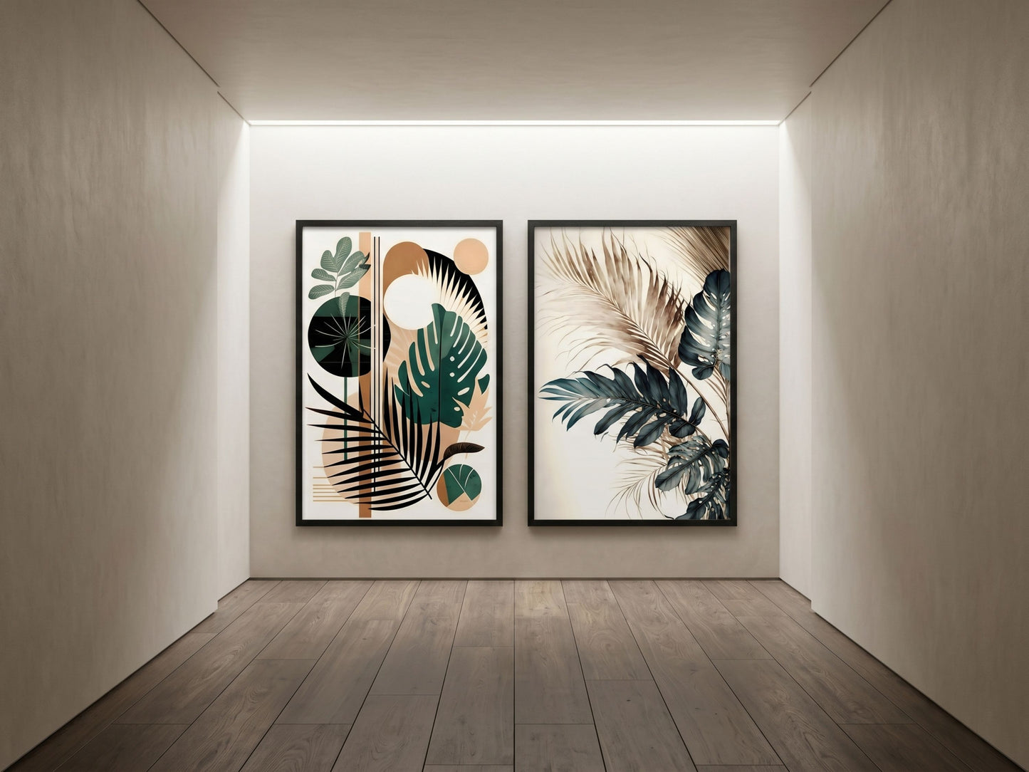 Premium botanical and watercolor tropical wall art set of 2 in emerald and teal, black frames, in a dramatic gallery hallway by VYLOIRE