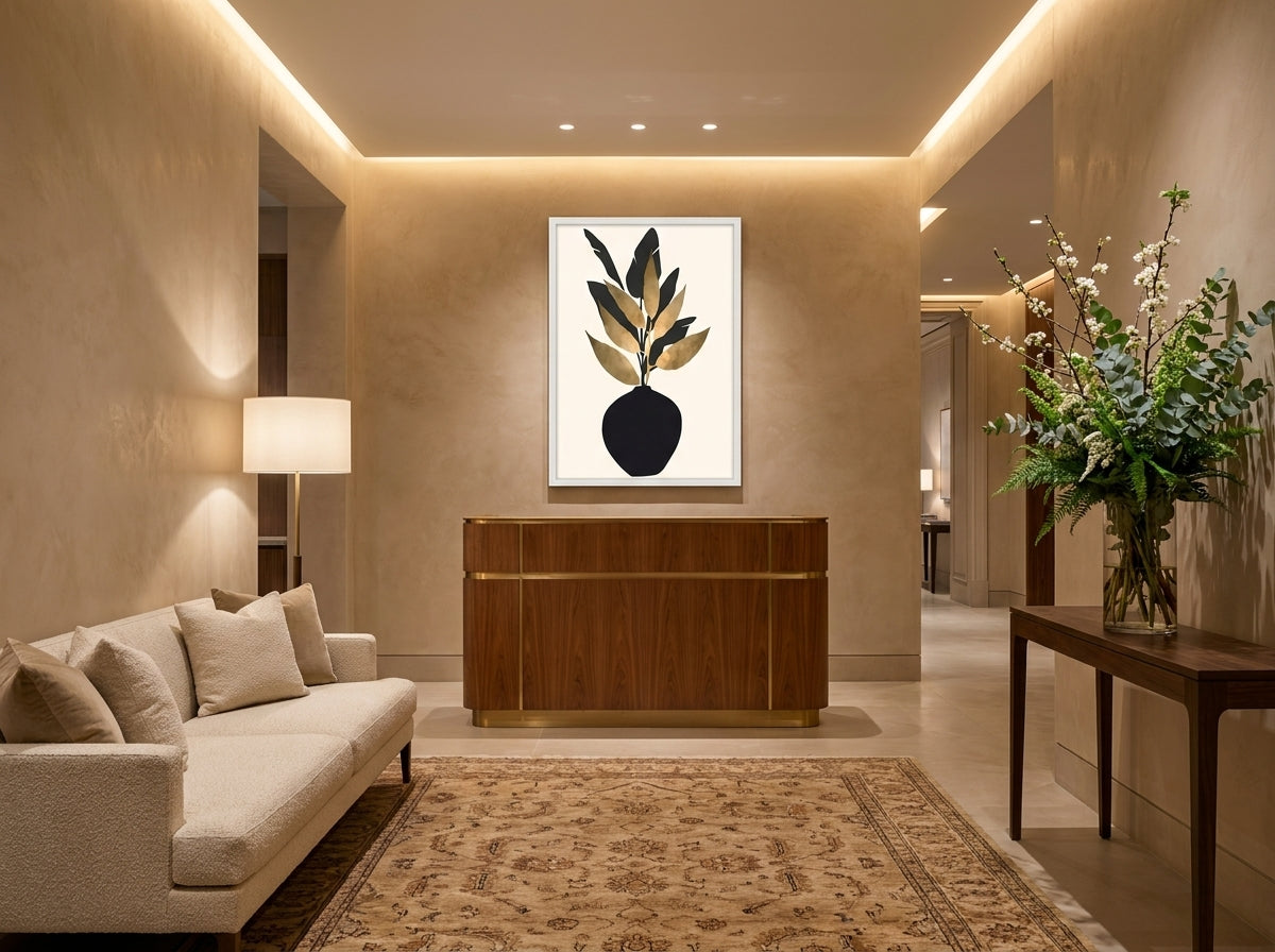 Vyloire Black & Gold Botanical Vase fine art print displayed unframed in a premium spa lobby with warm plaster walls and floral staging
