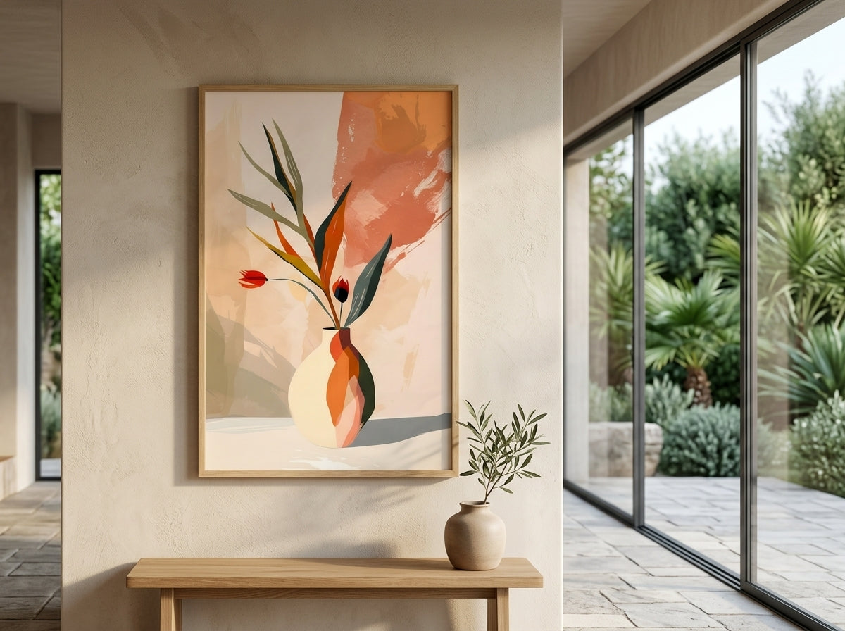 Abstract botanical vase wall art print in terracotta and sage, Natural Oak frame, in a luxury villa interior — Vyloire