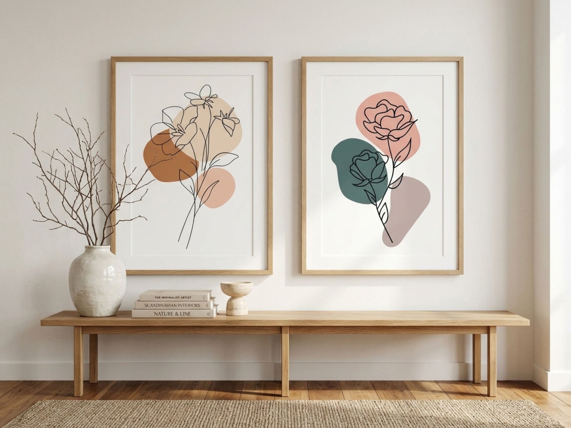Scandinavian botanical line-art set of 2 with charcoal florals, oak frames, above an entryway bench in a neutral hallway by VYLOIRE