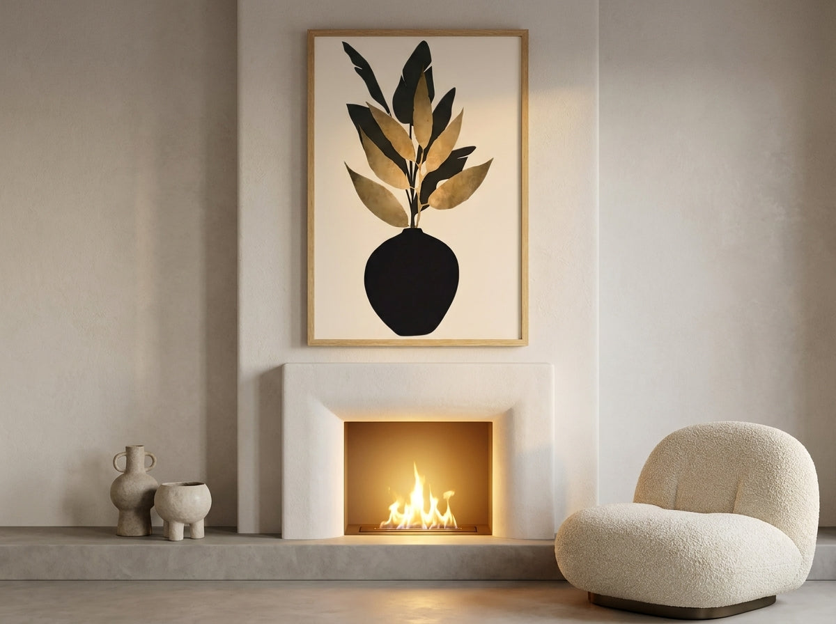 Black and gold botanical art print by Vyloire in Natural Premium Oak frame displayed above a white fireplace in a cosy Scandinavian interior