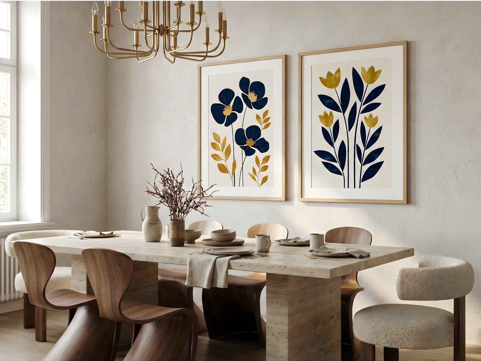 Navy and gold botanical wall art set of 2 in oak frames above a dining table in a refined Scandinavian dining room by VYLOIRE