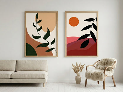 Scandinavian boho botanical and abstract sun wall art set of 2 in terracotta and olive green, oak frames, in a bright airy living room by VYLOIRE