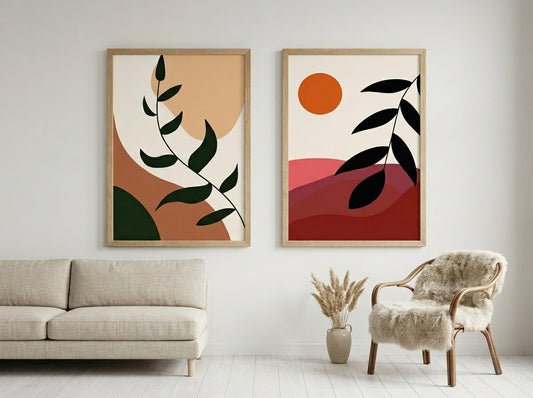 Scandinavian boho botanical and abstract sun wall art set of 2 in terracotta and olive green, oak frames, in a bright airy living room by VYLOIRE