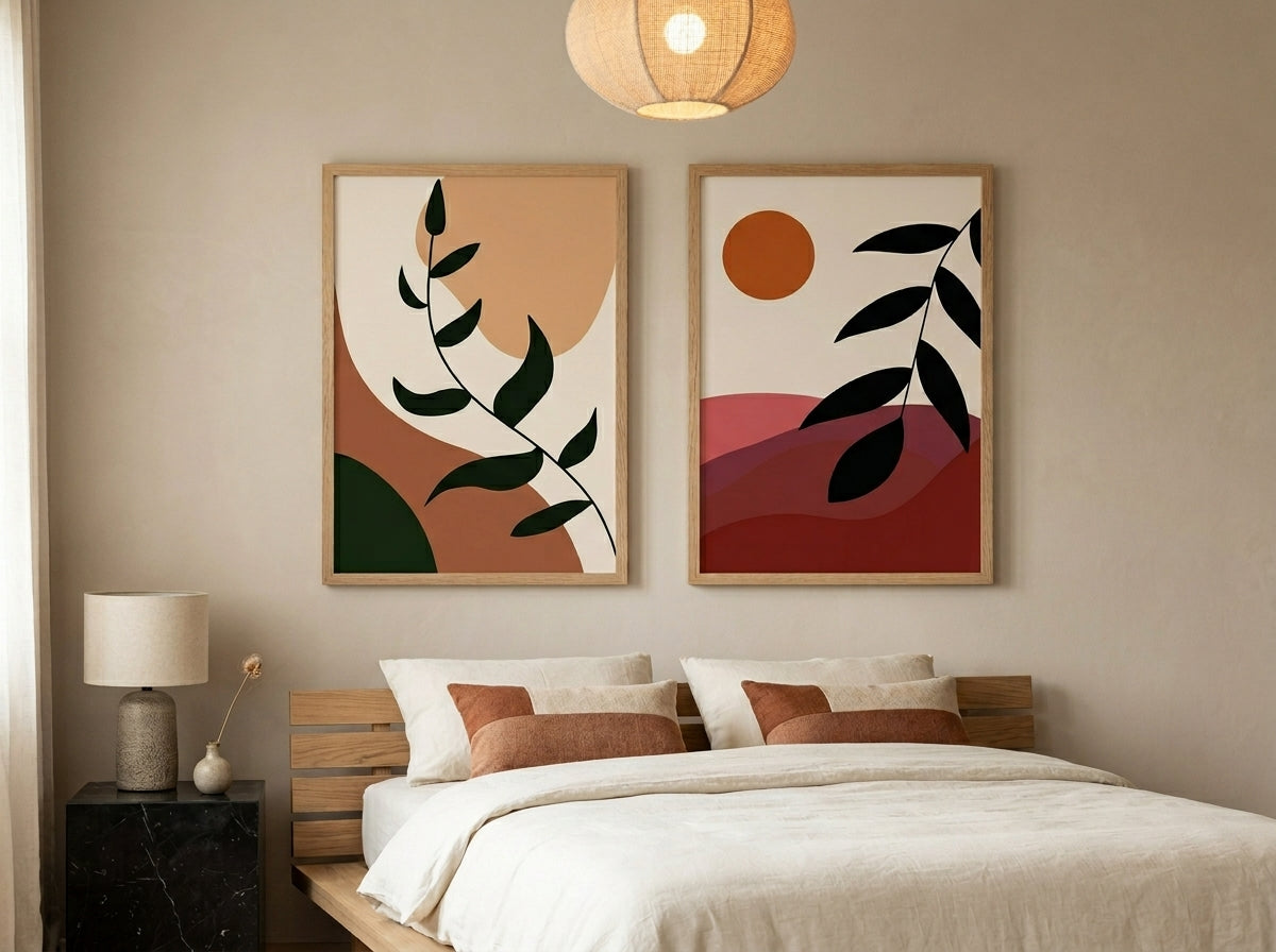 Scandinavian boho botanical and abstract sun wall art set of 2 in terracotta and olive green, oak frames, above a bed in a cozy bedroom by VYLOIRE