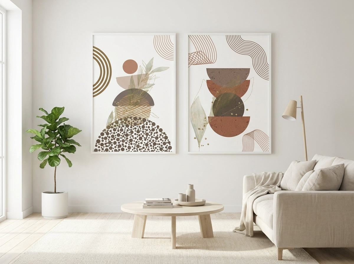 Scandinavian abstract botanical set of 2 in white frames, terracotta, sage and gold, in a bright airy living room by VYLOIRE.