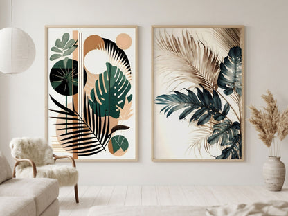 Scandinavian botanical and watercolor tropical leaf wall art set of 2 in emerald and terracotta, oak frames, in a bright airy living room by VYLOIRE
