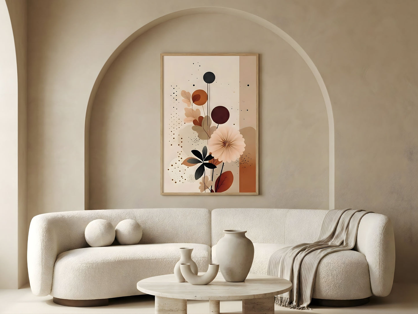 Single terracotta abstract botanical print from the set of 3 in an oak frame in a minimalist arched living room by VYLOIRE