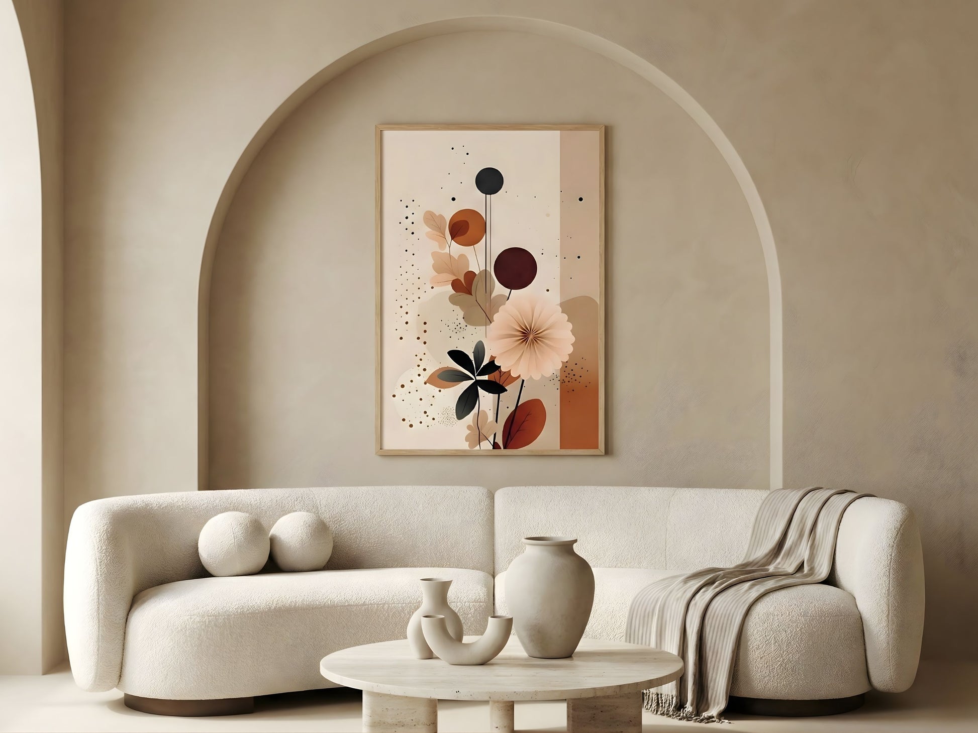 Single terracotta abstract botanical print from the set of 3 in an oak frame in a minimalist arched living room by VYLOIRE