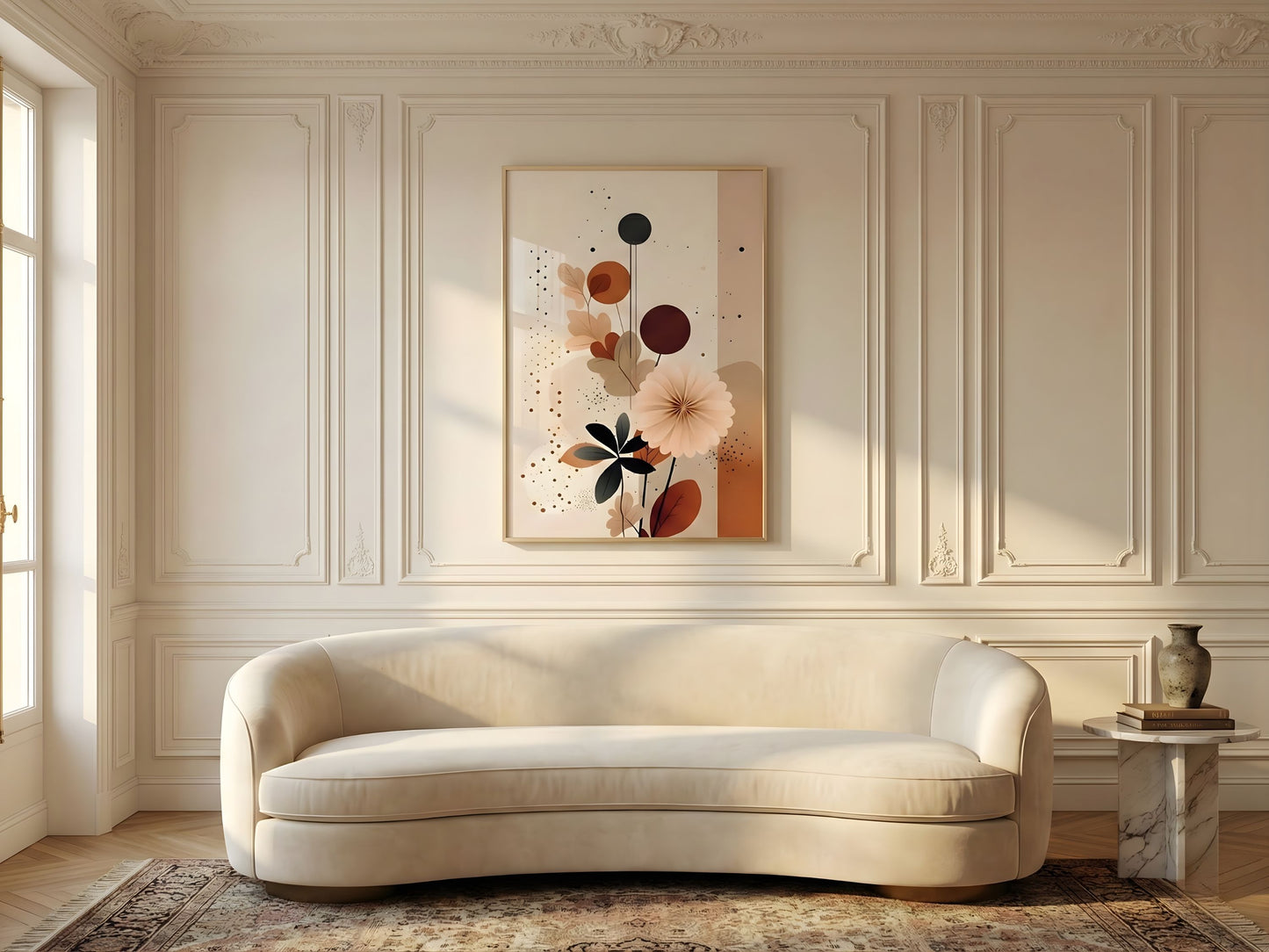 Single abstract botanical print in terracotta and rust, oak frame, on a classic paneled wall above a cream sofa by VYLOIRE