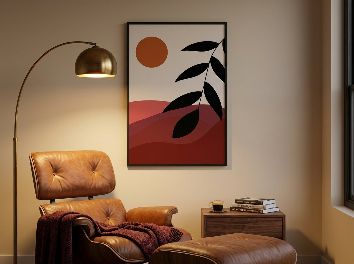 Single abstract sun and sunset-hills art print in terracotta and burnt orange, black frame, in an evening reading lounge by VYLOIRE