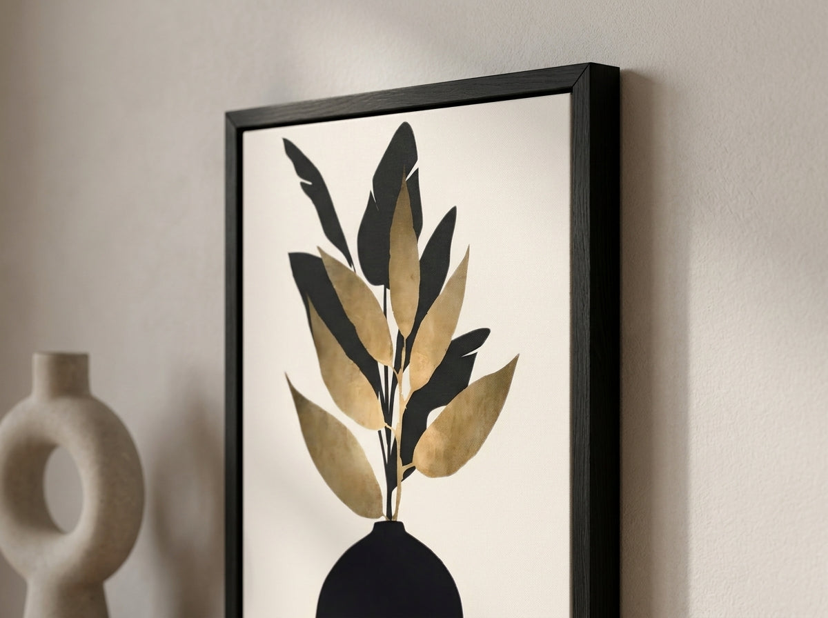 Close-up detail of Vyloire Black & Gold Botanical Vase art print in Black Premium Oak frame — matte black silhouette and antique gold botanical leaf composition