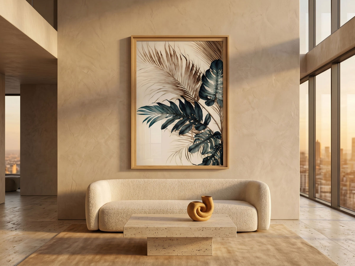 Single watercolor tropical palm and monstera leaf print from the set of 2 in teal and sepia, oak frame, in a penthouse living room by VYLOIRE