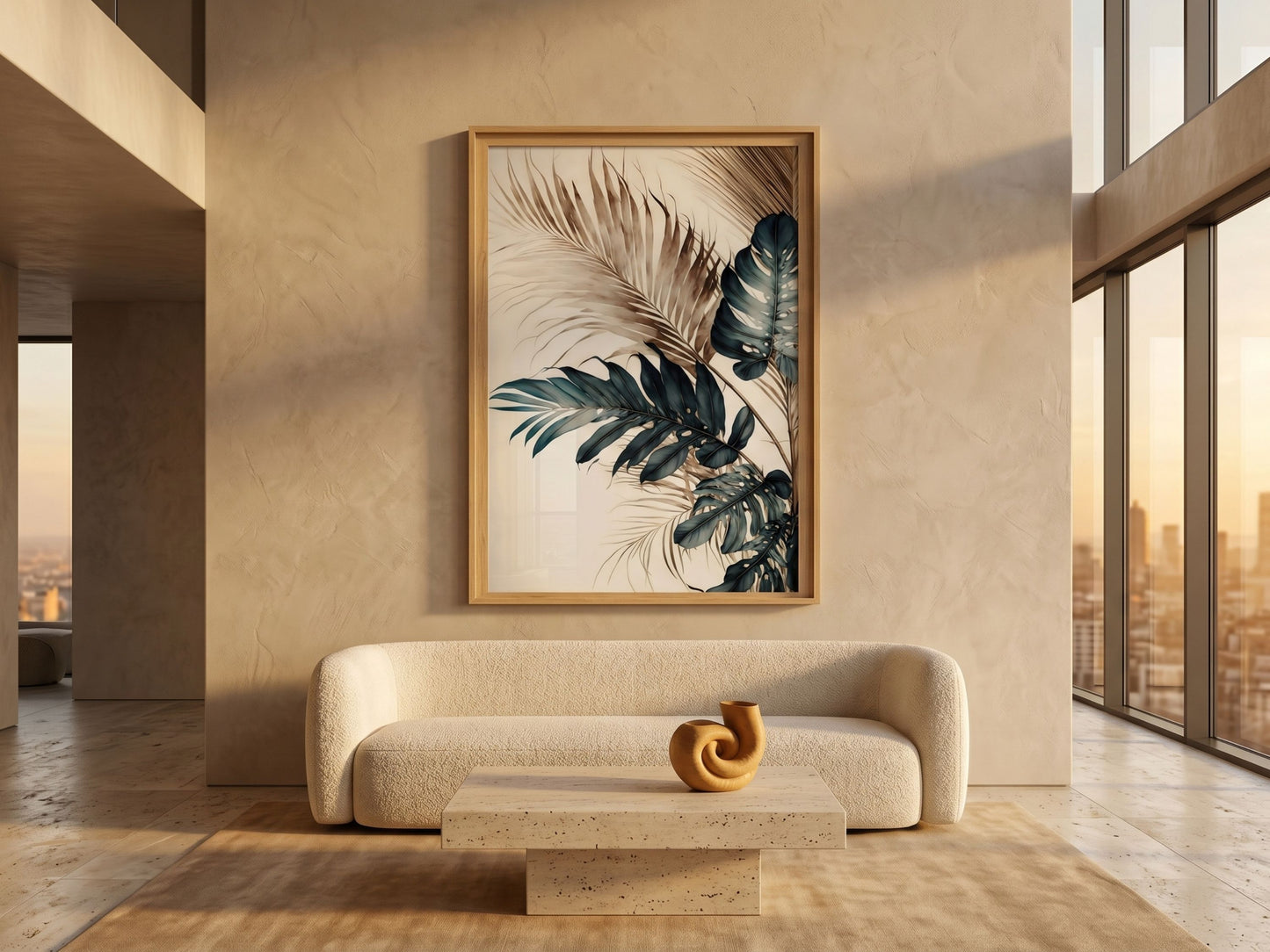Single watercolor tropical palm and monstera leaf print from the set of 2 in teal and sepia, oak frame, in a penthouse living room by VYLOIRE
