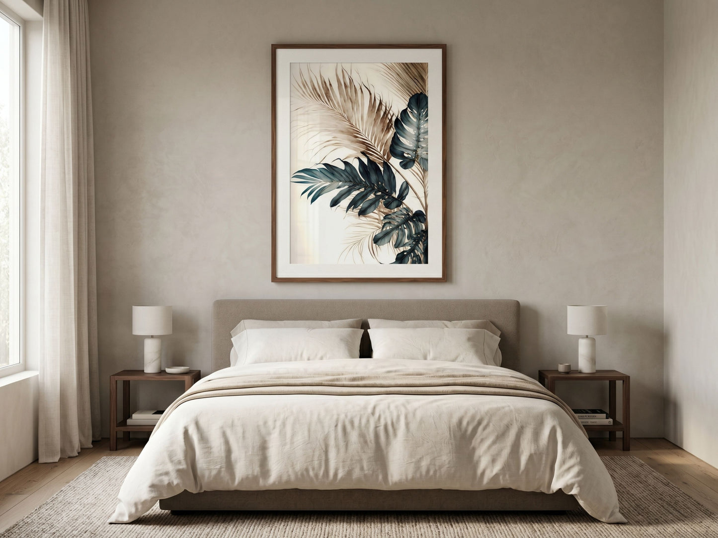 Single watercolor tropical palm and monstera leaf print from the set of 2 in teal and sepia, walnut frame, above a bed in a neutral bedroom by VYLOIRE