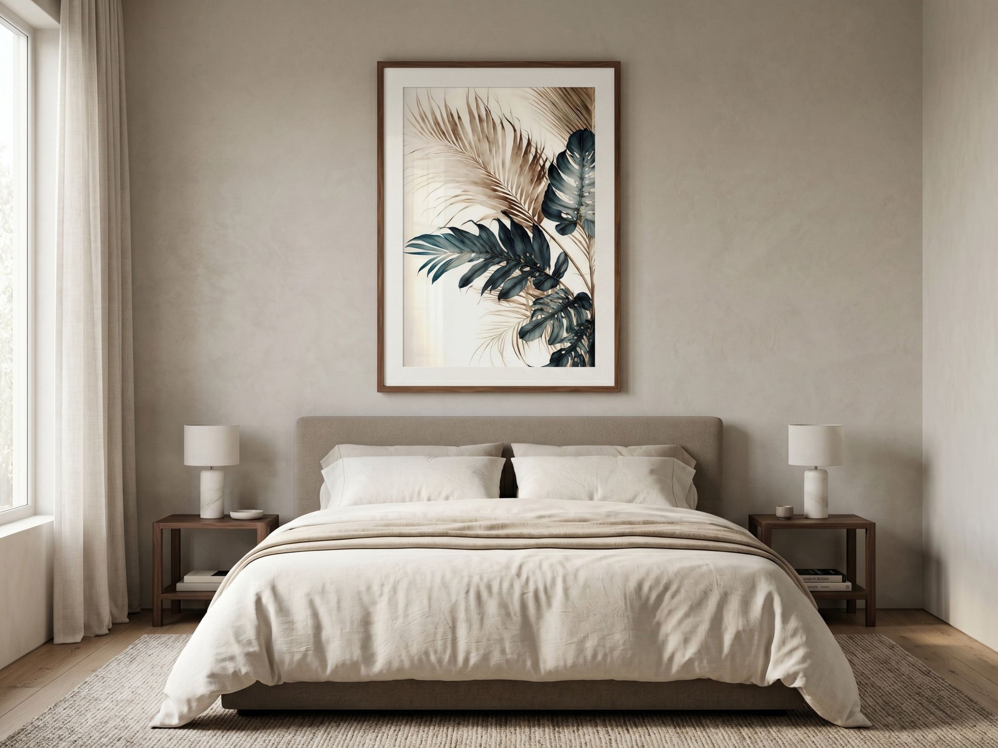 Single watercolor tropical palm and monstera leaf print from the set of 2 in teal and sepia, walnut frame, above a bed in a neutral bedroom by VYLOIRE