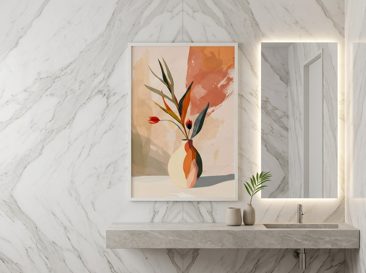 Abstract botanical vase art print in terracotta and sage, white Premium Oak frame, in a spa-inspired marble powder room — Vyloire