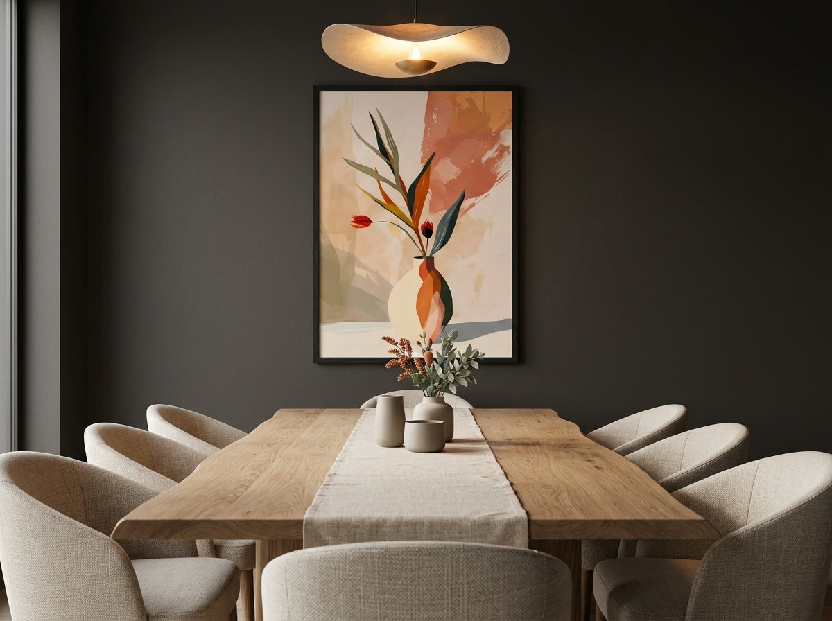 Statement abstract botanical vase art print in terracotta and sage, Black Premium Oak frame, as a focal point in a luxury dining room — Vyloire
