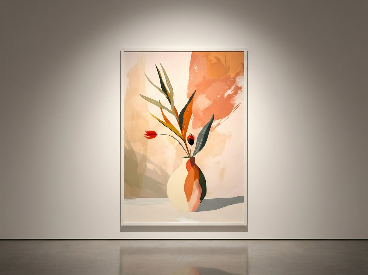 Abstract botanical vase wall art in terracotta and teal, white Premium Oak frame, shown as a gallery display in a studio setting — Vyloire