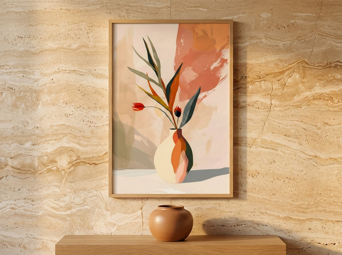 Abstract botanical vase fine art print in terracotta and sage, Natural Oak frame, against a travertine stone feature wall — Vyloire