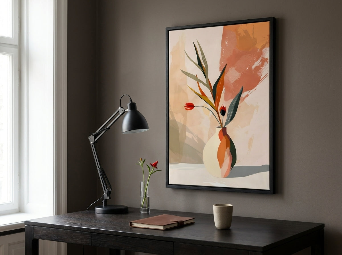 Abstract botanical vase wall art print in terracotta and teal, black premium oak frame, in a warm home office study by VYLOIRE